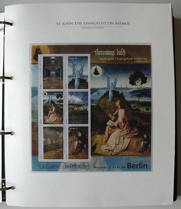 Album/Enciclopedie Hieronymus Bosch tematica ARTA, PICTURA, RELIGIE, EZOTERISM contine aproximativ 100 serii, blocuri ilustrate si maxicarduri in posete de plastic, cu picturi celebre . SUPERB!! Albumul are coperti si caseta din piele.