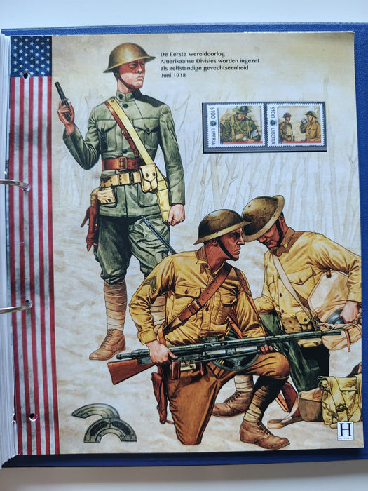 Album/Enciclopedie tematica PRIMUL RAZBOI MONDIAL (WWI), ARTA, PERSONALITATI, MASINI DE LUPTA, ISTORIE contine 62 pagini ilustrate, cu timbre in posete de plastic. SUPERB!! Albumul are coperti si caseta din piele.