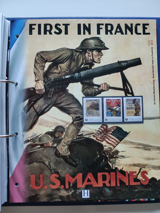 Album/Enciclopedie tematica PRIMUL RAZBOI MONDIAL (WWI), ARTA, PERSONALITATI, MASINI DE LUPTA, ISTORIE contine 62 pagini ilustrate, cu timbre in posete de plastic. SUPERB!! Albumul are coperti si caseta din piele.