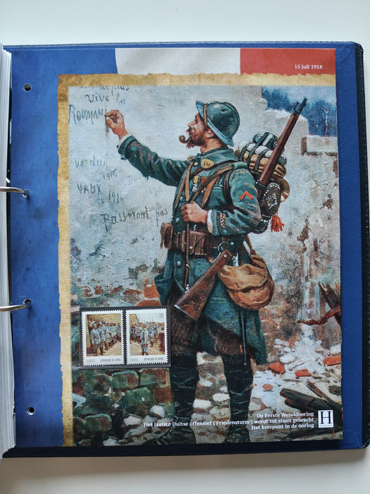 Album/Enciclopedie tematica PRIMUL RAZBOI MONDIAL (WWI), ARTA, PERSONALITATI, MASINI DE LUPTA, ISTORIE contine 62 pagini ilustrate, cu timbre in posete de plastic. SUPERB!! Albumul are coperti si caseta din piele.