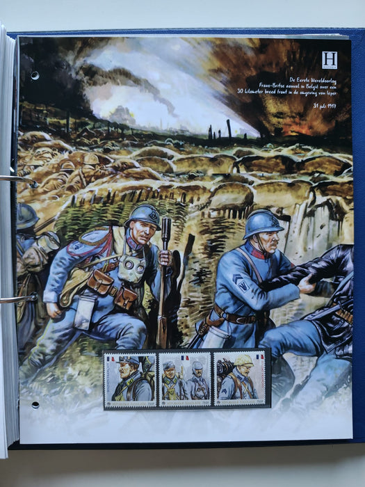 Album/Enciclopedie tematica PRIMUL RAZBOI MONDIAL (WWI), ARTA, PERSONALITATI, MASINI DE LUPTA, ISTORIE contine 62 pagini ilustrate, cu timbre in posete de plastic. SUPERB!! Albumul are coperti si caseta din piele.