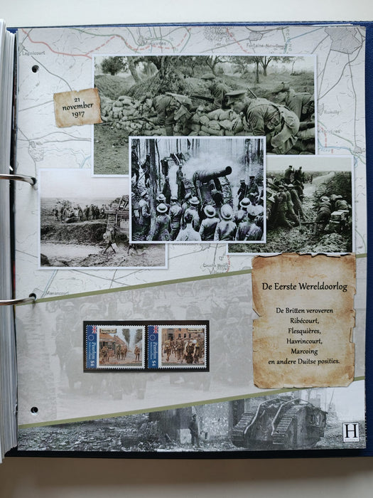 Album/Enciclopedie tematica PRIMUL RAZBOI MONDIAL (WWI), ARTA, PERSONALITATI, MASINI DE LUPTA, ISTORIE contine 62 pagini ilustrate, cu timbre in posete de plastic. SUPERB!! Albumul are coperti si caseta din piele.