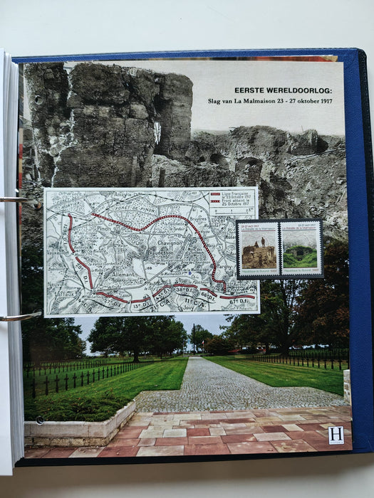 Album/Enciclopedie tematica PRIMUL RAZBOI MONDIAL (WWI), ARTA, PERSONALITATI, MASINI DE LUPTA, ISTORIE contine 62 pagini ilustrate, cu timbre in posete de plastic. SUPERB!! Albumul are coperti si caseta din piele.