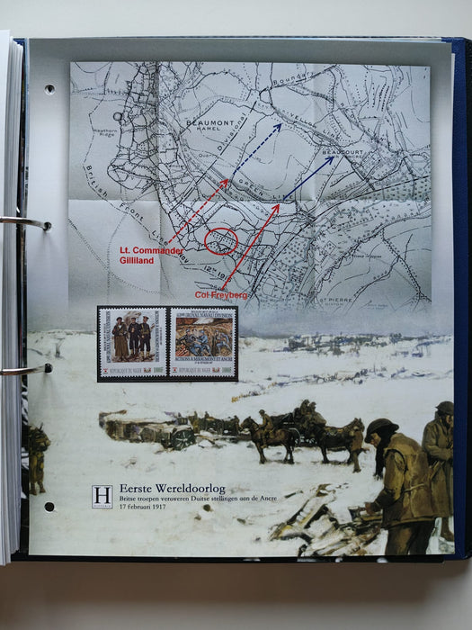 Album/Enciclopedie tematica PRIMUL RAZBOI MONDIAL (WWI), ARTA, PERSONALITATI, MASINI DE LUPTA, ISTORIE contine 62 pagini ilustrate, cu timbre in posete de plastic. SUPERB!! Albumul are coperti si caseta din piele.