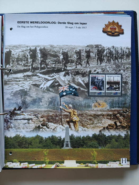 Album/Enciclopedie tematica PRIMUL RAZBOI MONDIAL (WWI), ARTA, PERSONALITATI, MASINI DE LUPTA, ISTORIE contine 62 pagini ilustrate, cu timbre in posete de plastic. SUPERB!! Albumul are coperti si caseta din piele.