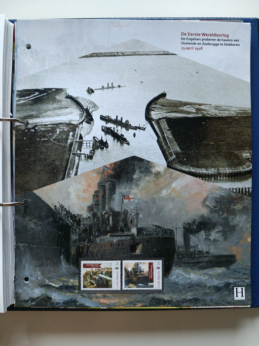 Album/Enciclopedie tematica PRIMUL RAZBOI MONDIAL (WWI), ARTA, PERSONALITATI, MASINI DE LUPTA, ISTORIE contine 62 pagini ilustrate, cu timbre in posete de plastic. SUPERB!! Albumul are coperti si caseta din piele.