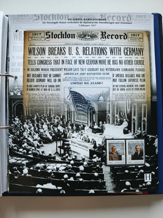 Album/Enciclopedie tematica PRIMUL RAZBOI MONDIAL (WWI), ARTA, PERSONALITATI, MASINI DE LUPTA, ISTORIE contine 62 pagini ilustrate, cu timbre in posete de plastic. SUPERB!! Albumul are coperti si caseta din piele.