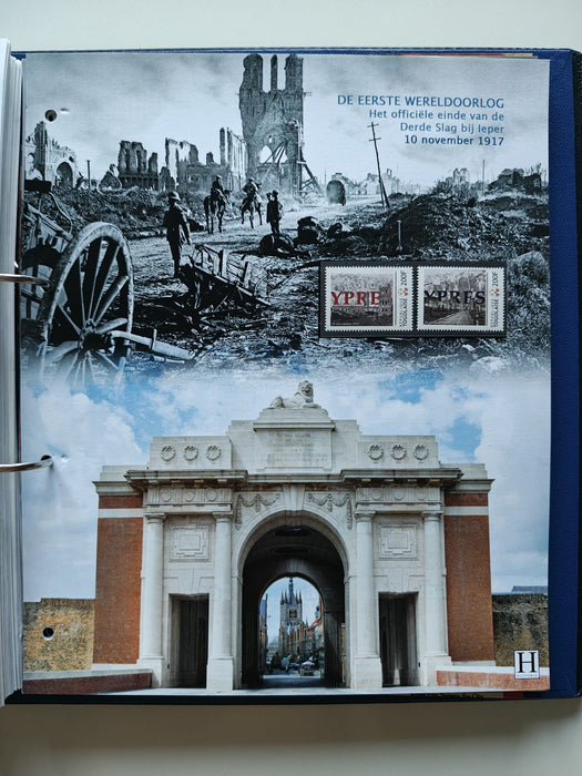 Album/Enciclopedie tematica PRIMUL RAZBOI MONDIAL (WWI), ARTA, PERSONALITATI, MASINI DE LUPTA, ISTORIE contine 62 pagini ilustrate, cu timbre in posete de plastic. SUPERB!! Albumul are coperti si caseta din piele.