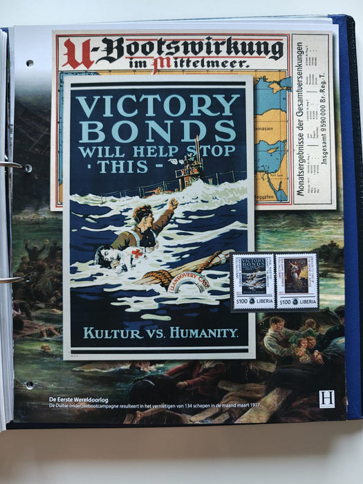 Album/Enciclopedie tematica PRIMUL RAZBOI MONDIAL (WWI), ARTA, PERSONALITATI, MASINI DE LUPTA, ISTORIE contine 62 pagini ilustrate, cu timbre in posete de plastic. SUPERB!! Albumul are coperti si caseta din piele.