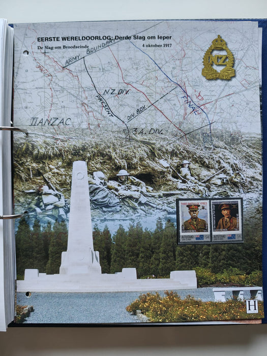 Album/Enciclopedie tematica PRIMUL RAZBOI MONDIAL (WWI), ARTA, PERSONALITATI, MASINI DE LUPTA, ISTORIE contine 62 pagini ilustrate, cu timbre in posete de plastic. SUPERB!! Albumul are coperti si caseta din piele.