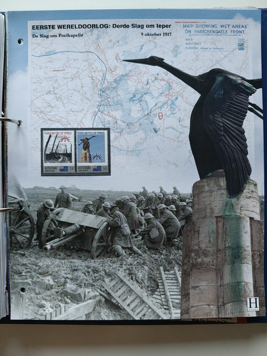 Album/Enciclopedie tematica PRIMUL RAZBOI MONDIAL (WWI), ARTA, PERSONALITATI, MASINI DE LUPTA, ISTORIE contine 62 pagini ilustrate, cu timbre in posete de plastic. SUPERB!! Albumul are coperti si caseta din piele.