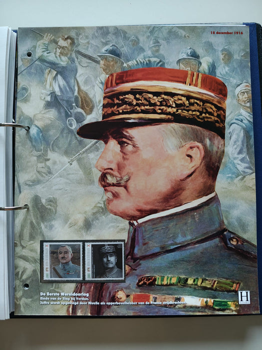 Album/Enciclopedie tematica PRIMUL RAZBOI MONDIAL (WWI), ARTA, PERSONALITATI, MASINI DE LUPTA, ISTORIE contine 62 pagini ilustrate, cu timbre in posete de plastic. SUPERB!! Albumul are coperti si caseta din piele.