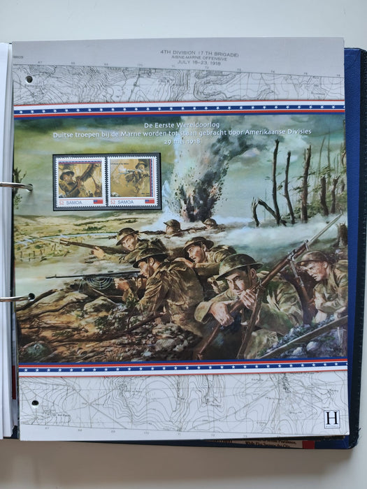 Album/Enciclopedie tematica PRIMUL RAZBOI MONDIAL (WWI), ARTA, PERSONALITATI, MASINI DE LUPTA, ISTORIE contine 62 pagini ilustrate, cu timbre in posete de plastic. SUPERB!! Albumul are coperti si caseta din piele.