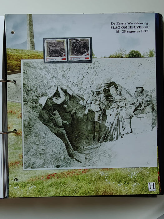 Album/Enciclopedie tematica PRIMUL RAZBOI MONDIAL (WWI), ARTA, PERSONALITATI, MASINI DE LUPTA, ISTORIE contine 62 pagini ilustrate, cu timbre in posete de plastic. SUPERB!! Albumul are coperti si caseta din piele.