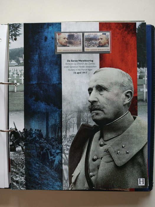 Album/Enciclopedie tematica PRIMUL RAZBOI MONDIAL (WWI), ARTA, PERSONALITATI, MASINI DE LUPTA, ISTORIE contine 62 pagini ilustrate, cu timbre in posete de plastic. SUPERB!! Albumul are coperti si caseta din piele.