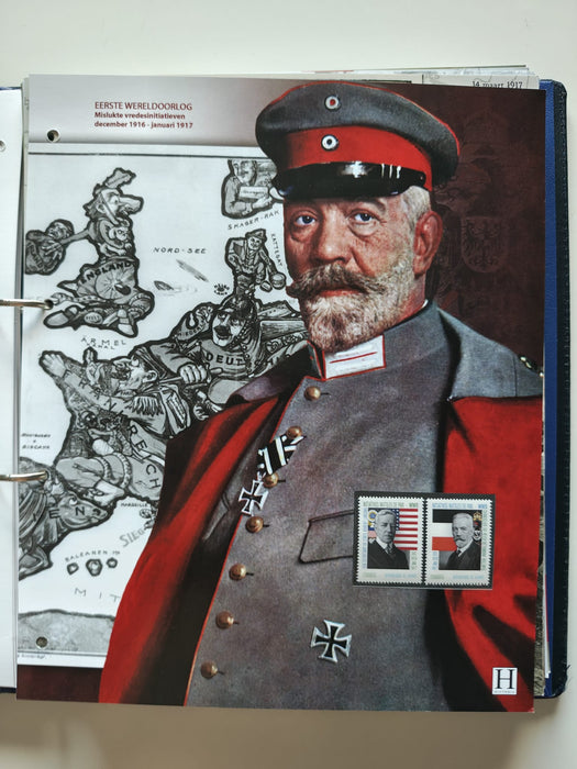 Album/Enciclopedie tematica PRIMUL RAZBOI MONDIAL (WWI), ARTA, PERSONALITATI, MASINI DE LUPTA, ISTORIE contine 62 pagini ilustrate, cu timbre in posete de plastic. SUPERB!! Albumul are coperti si caseta din piele.