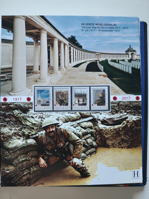 Album/Enciclopedie tematica PRIMUL RAZBOI MONDIAL (WWI), ARTA, PERSONALITATI, MASINI DE LUPTA, ISTORIE contine 62 pagini ilustrate, cu timbre in posete de plastic. SUPERB!! Albumul are coperti si caseta din piele.