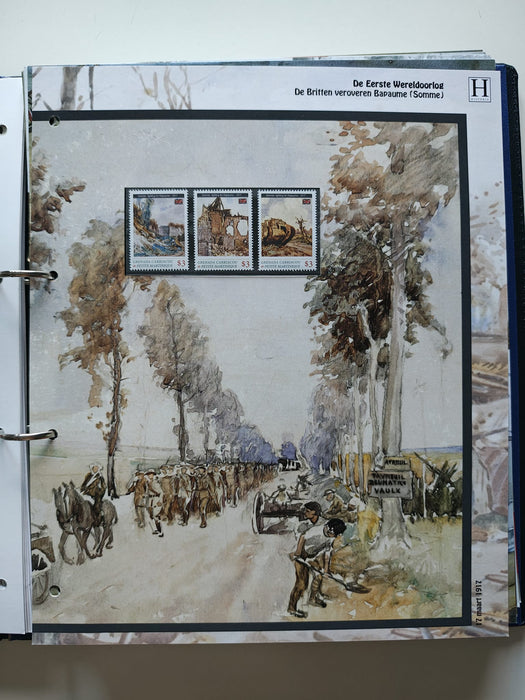 Album/Enciclopedie tematica PRIMUL RAZBOI MONDIAL (WWI), ARTA, PERSONALITATI, MASINI DE LUPTA, ISTORIE contine 62 pagini ilustrate, cu timbre in posete de plastic. SUPERB!! Albumul are coperti si caseta din piele.