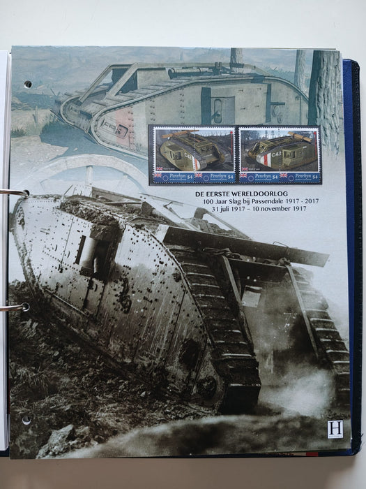 Album/Enciclopedie tematica PRIMUL RAZBOI MONDIAL (WWI), ARTA, PERSONALITATI, MASINI DE LUPTA, ISTORIE contine 62 pagini ilustrate, cu timbre in posete de plastic. SUPERB!! Albumul are coperti si caseta din piele.