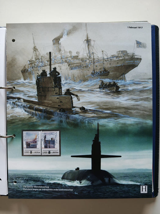 Album/Enciclopedie tematica PRIMUL RAZBOI MONDIAL (WWI), ARTA, PERSONALITATI, MASINI DE LUPTA, ISTORIE contine 62 pagini ilustrate, cu timbre in posete de plastic. SUPERB!! Albumul are coperti si caseta din piele.