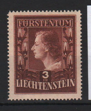 Liechtenstein 1951 Definitive Stamps: Royal Couple 3Fr brown B = line perf. 14¾. Mi. 170 Eur
