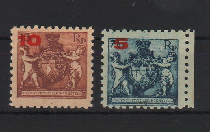 Liechtenstein 1924 Definitive Stamps: State Coat of Arms with Putti. Mi.No. 49 and 51 with red letterpress overprint of the new face value A = line perf.9½ Mi. 60 Eur