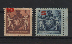Liechtenstein 1924 Definitive Stamps: State Coat of Arms with Putti. Mi.No. 49 and 51 with red letterpress overprint of the new face value B = line perf. 12½ Mi. 80 Eur