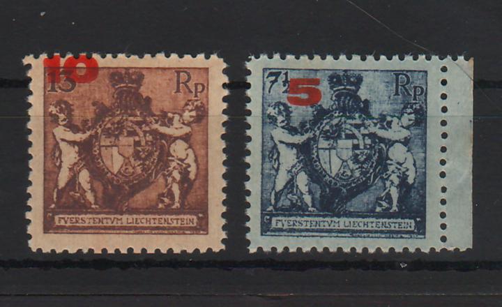 Liechtenstein 1924 Definitive Stamps: State Coat of Arms with Putti. Mi.No. 49 and 51 with red letterpress overprint of the new face value B = line perf. 12½ Mi. 80 Eur