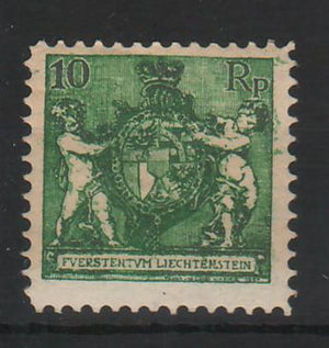 Liechtenstein 1924 Definitive Stamp: State Coat of Arms with Putti wmk. 1 line perf. 11½ Mi. 100 Eur