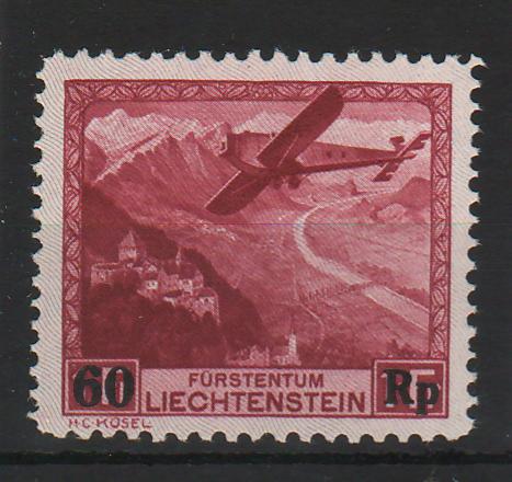 Liechtenstein 1935 First Post Flight Vaduz – Altenrhein – Innsbruck on July 1, 1935. Mi.No. 113 with letterpress overprint of the new face value Mi. 170 Eur
