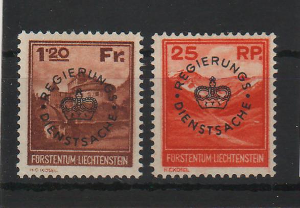 Liechtenstein 1933 Official Stamps Definitive Stamps Mi.No. 119 and 121 with a small circular lettering "REGIERUNGS/ SERVICE MATTER" Mi. 400 Eur