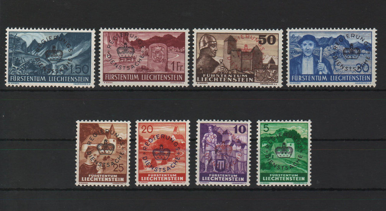 Liechtenstein 1937 Official Stamps Definitive Stamps Mi.No. 157-158, 160-162, 164, 167 and 169 with large circular coloured lettering "REGIERUNGS/ SERVICE MATTER" Mi. 52 Eur