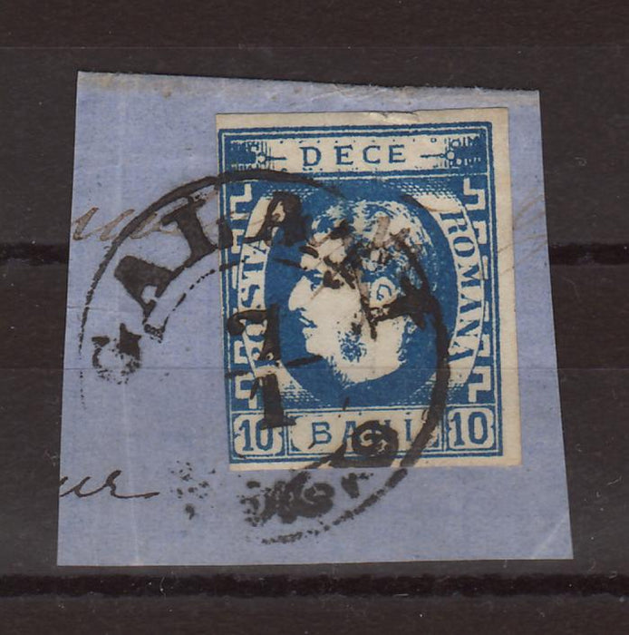 Romania 1869 Carol I cu favoriti 10B albastru pe fragment stampila GALATI