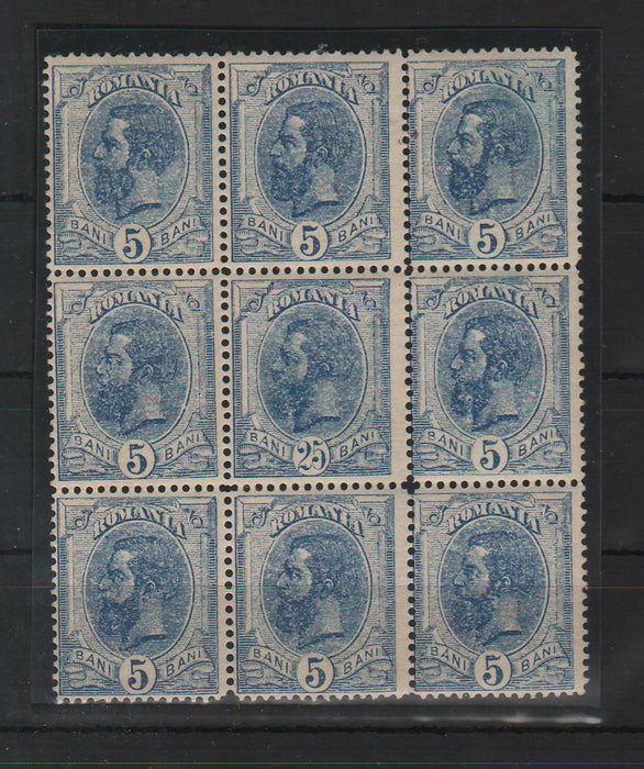 Romania 1893-98 Carol I - Spic de grau, filigran PR bloc x9 5B cu EROARE 25B