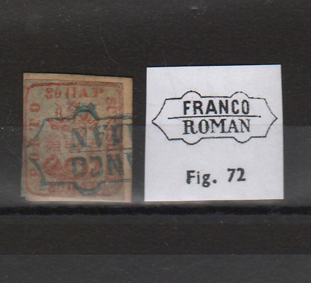 Romania 1859 Cap de bour emisiunea a II-a 80PAR caramiziu pe fragment, hartie gri-galbuie, stampila FRANCO ROMAN (doar 1744 de timbre au fost folosite cu aceasta stampila, conform K. Dragomir)