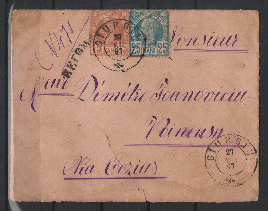 Romania 1887 Scrisoare francata Carol Vulturi 15B+25B RECOMANDATA stampila plecare Giurgiu, sosire BUCURESCI (plicul prezinta o ruptura pe fata plicului). Al doilea plic este bonus