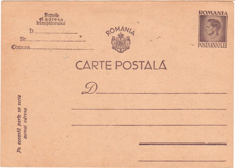 Romania 1947 Carte postala Inflatia Efigia Mihai I 1000 L