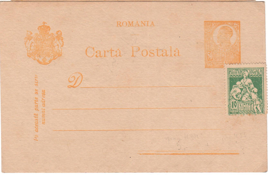 Romania 1921/22 Carte postala Ferdinand bust mare 50 B galben