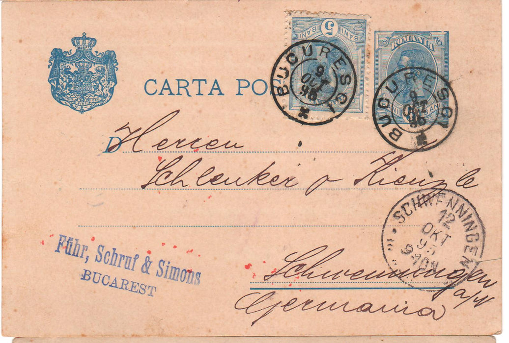 Romania 1895 Carte postala Spic de grau 5 B + 5 B albastru circulata BUCURESTI- SCHWFNNINGEN (Germania)