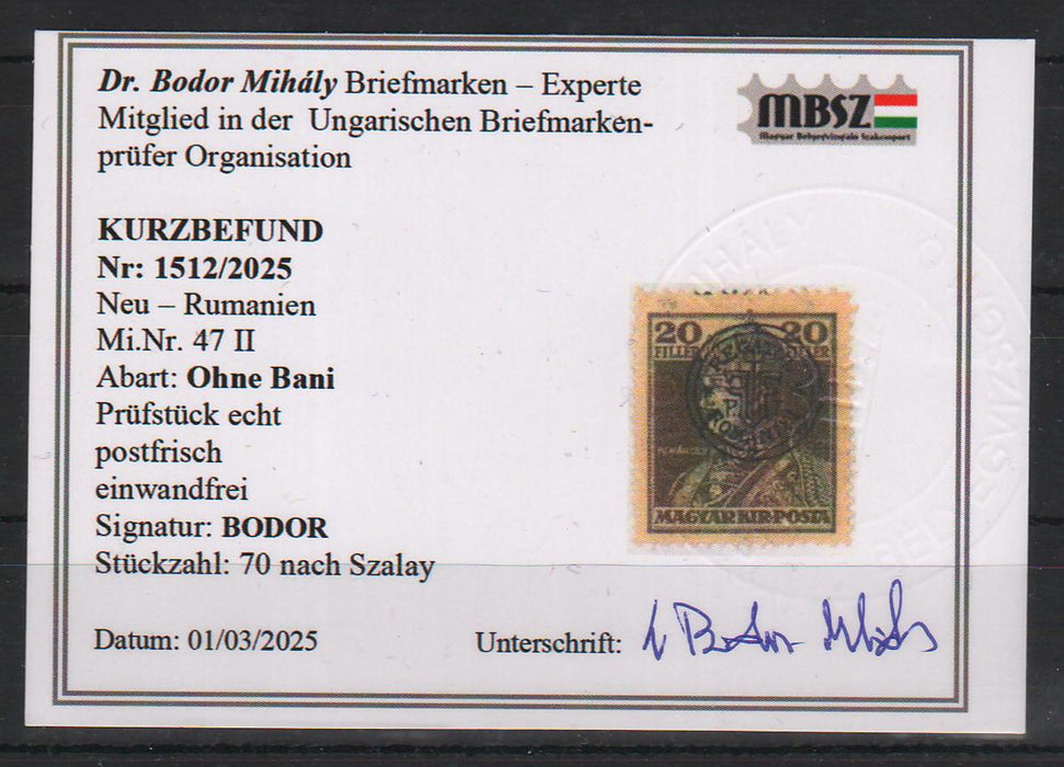 Romania 1919 Emisiunea Oradea Karl 20f EROARE lipsa Bani poanson si certificat de autenticitate Bodor tiraj 70 buc. Michel 250EUR