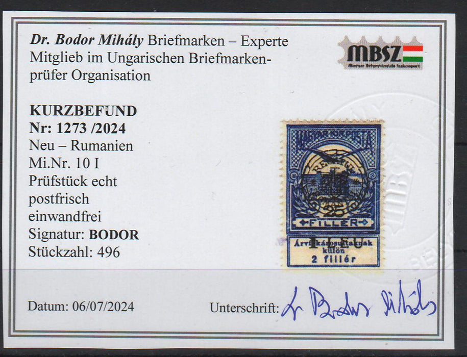 Romania 1919 Emisiunea Cluj Inundatia 25f ultramarin poanson si certificate de autenticitate Bodor Michel 120EUR