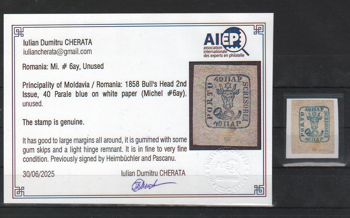 Romania 1858 Cap de bour emisiunea a II-a 40PAR albastru pe hartie alba margini foarte mari. Certificat autenticitate CHERATA, semnat PASCANU si HEIMBUCHLER