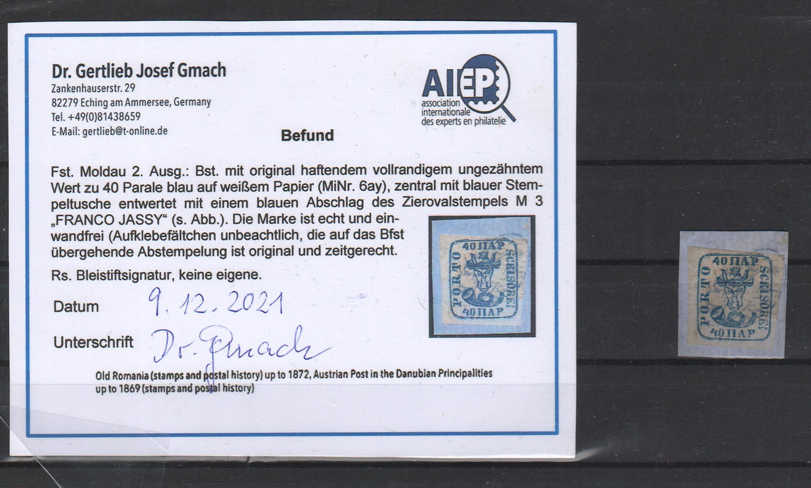 Romania 1858 Cap de bour emisiunea a II-a 40PAR albastru pe hartie alba, stampila FRANCO JASSY albastra, pe fragment. Certificat autenticitate GMACH