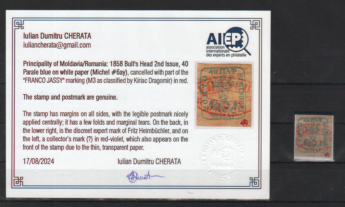 Romania 1858 Cap de bour emisiunea a II-a 40PAR albastru pe hartie alba, stampila FRANCO JASSY rosie. Certificat autenticitate CHERATA