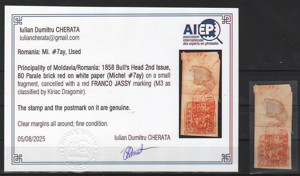 Romania 1858 Cap de bour emisiunea a II-a 80PAR rosu caramiziu hartie alba, pe fragment, stampila FRANCO JASSY rosie. Certificat autenticitate CHERATA
