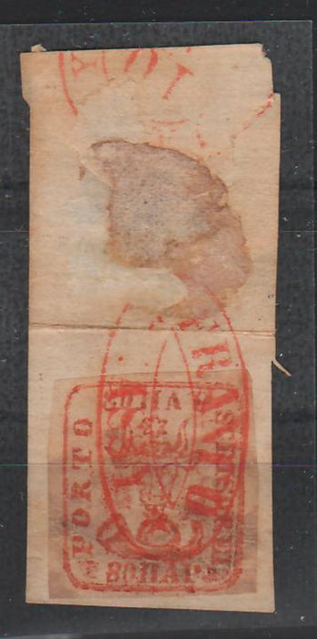 Romania 1858 Cap de bour emisiunea a II-a 80PAR rosu caramiziu hartie alba, pe fragment, stampila FRANCO JASSY rosie. Certificat autenticitate CHERATA