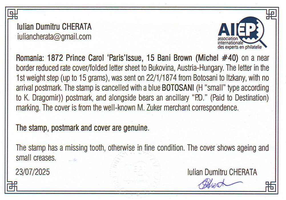 Scrisoare francata Carol Paris 15B, cu EROARE lumen alb la baza gatului, text complet cu litere chilirice. Certificat autenticitate CHERATA (citeste pentru detalii)