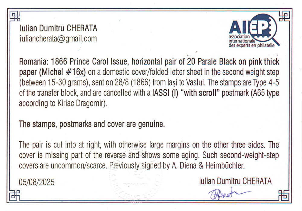 Scrisoare francata Carol I cu favoriti 20PAR hartie groasa in pereche tip 4 si 5 (cu PUNCT IN GREACA!!!), text complet, sigiliu verso. Certificat CHERATA, semnat HEIMBUCHLER si DIENA. RARITATE!!! (citeste certificat)