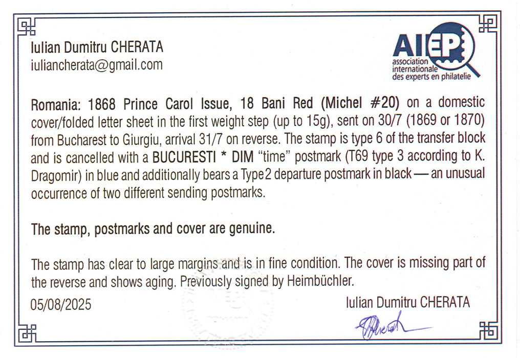 Scrisoare francata Carol I favoriti 18B rosu. Certificat autenticitate CHERATA (citeste pentru detalii), semnat Heimbuchler