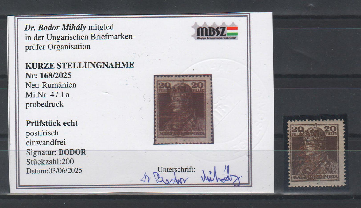 Romania 1919 Emisiunea Cluj Karl si Zita ESEU 20f supratipar auriu tiraj 200 buc. poanson si certificat de autenticitate Bodor Michel 300EUR